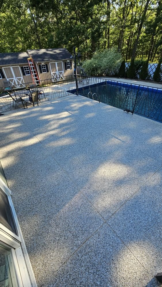 Flake-coated pool deck on Long Island